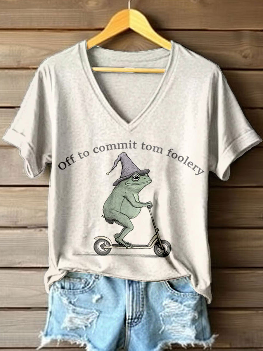 1111+Women's Off To Commit Tom Foolery Frog Print V-Neck T-Shirt