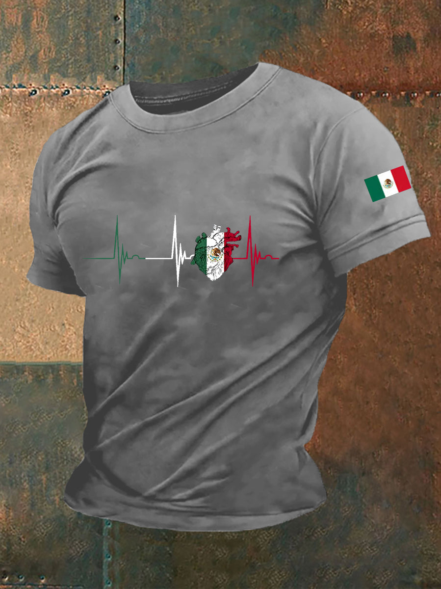 Men's Mexico Flag Heartbeat Print Mexican Independence Day Casual Tee