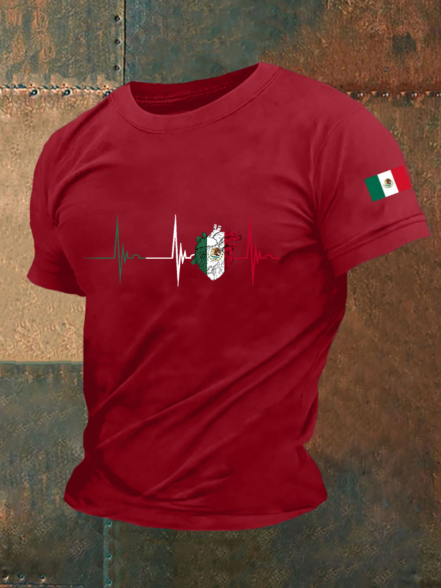 Men's Mexico Flag Heartbeat Print Mexican Independence Day Casual Tee