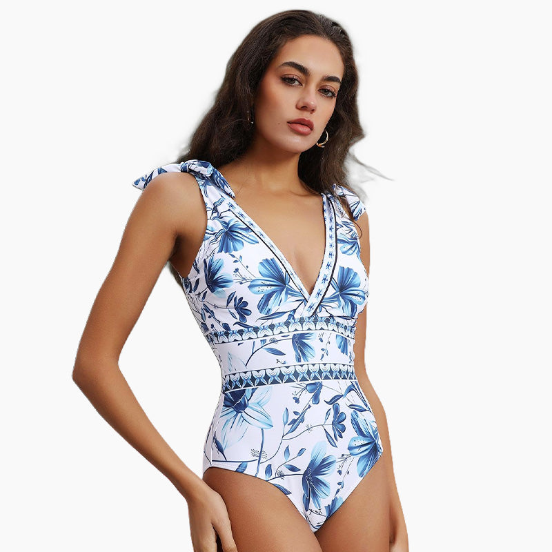 💥 Special Sale 50% OFF💥 V Neck Lace Up Printed One Piece Swimsuit and Skirt