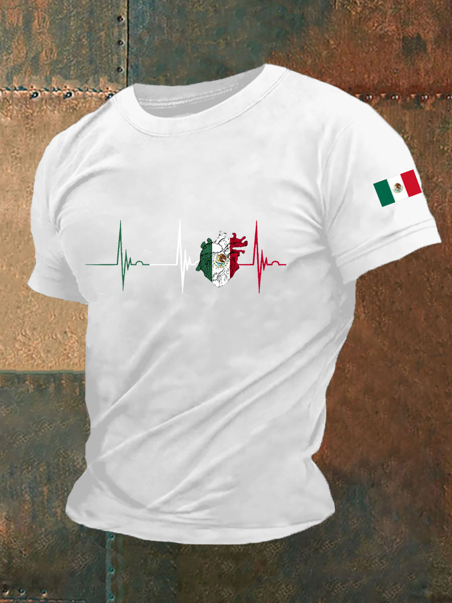 Men's Mexico Flag Heartbeat Print Mexican Independence Day Casual Tee