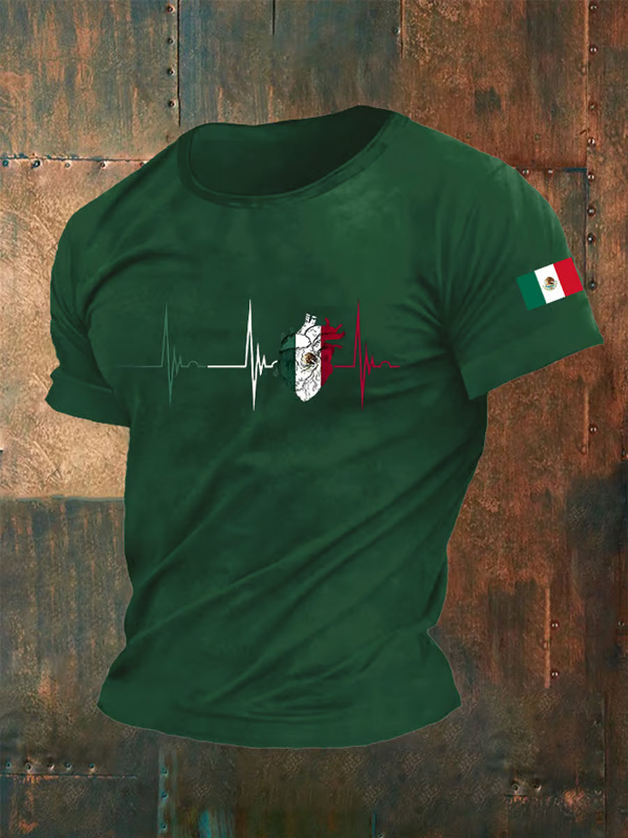 Men's Mexico Flag Heartbeat Print Mexican Independence Day Casual Tee