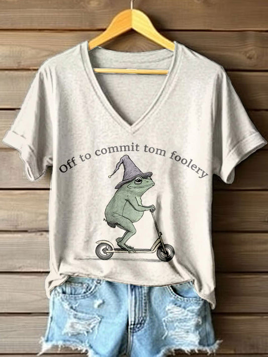 1111+Women's Off To Commit Tom Foolery Frog Print V-Neck T-Shirt