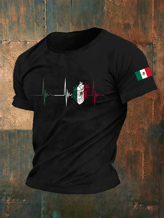 Men's Mexico Flag Heartbeat Print Mexican Independence Day Casual Tee