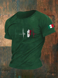 Men's Mexico Flag Heartbeat Print Mexican Independence Day Casual Tee