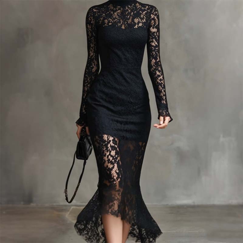 Elegant High Neck Long Sleeve Lace Mermaid Dress