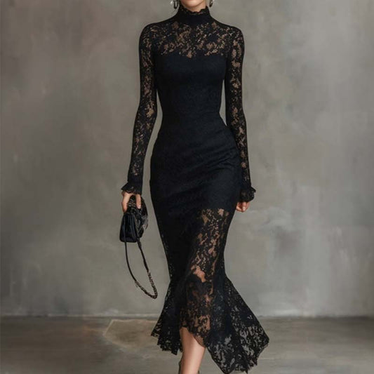 Elegant High Neck Long Sleeve Lace Mermaid Dress