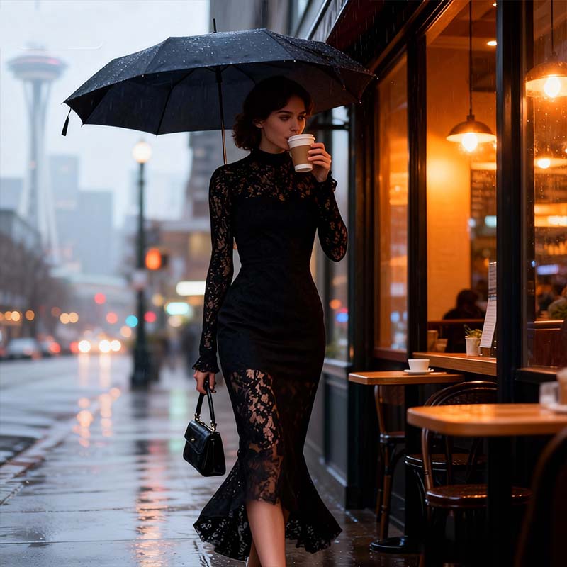 Elegant High Neck Long Sleeve Lace Mermaid Dress