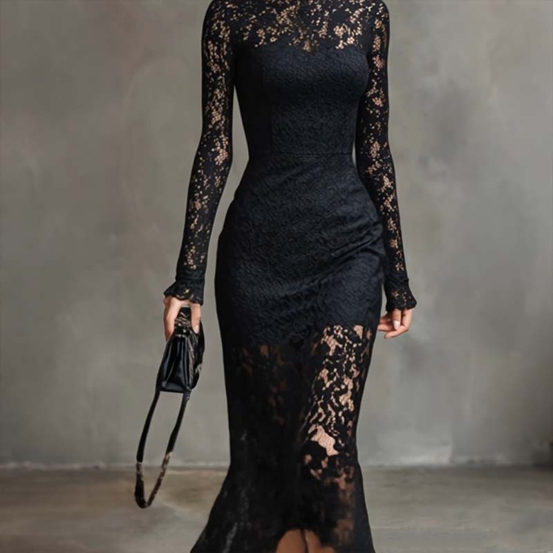 Elegant High Neck Long Sleeve Lace Mermaid Dress