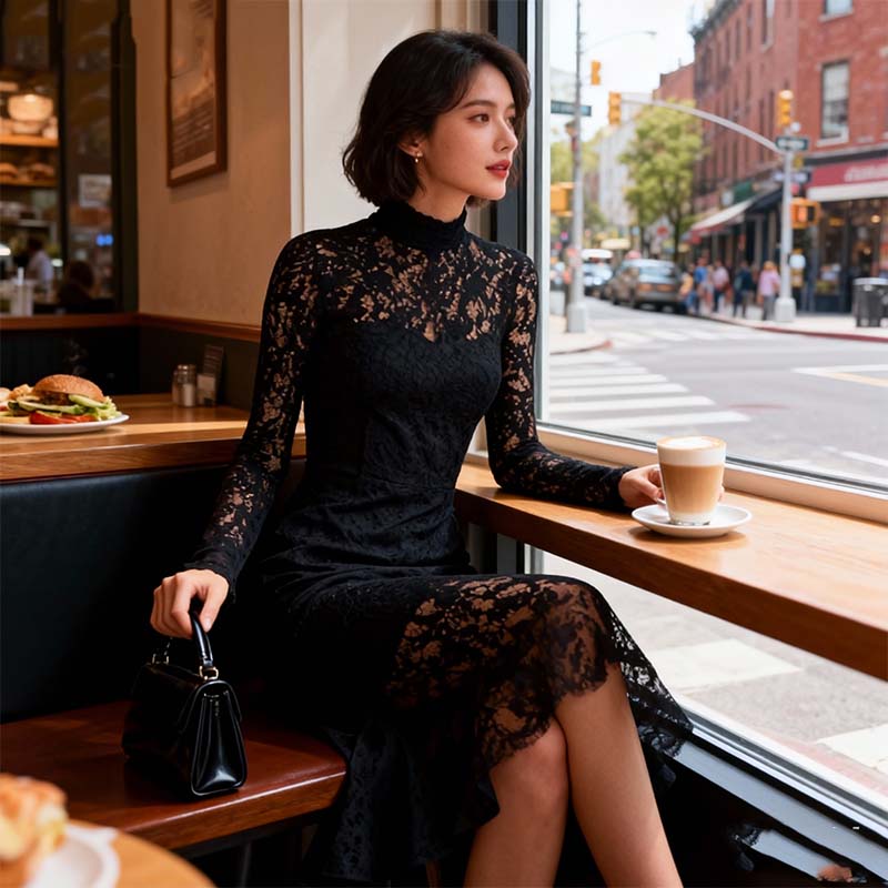 Elegant High Neck Long Sleeve Lace Mermaid Dress