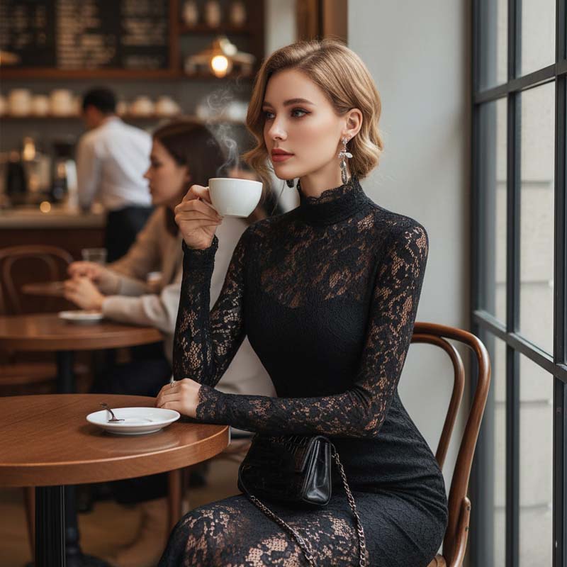 Elegant High Neck Long Sleeve Lace Mermaid Dress