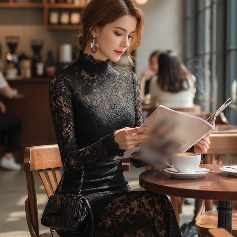 Elegant High Neck Long Sleeve Lace Mermaid Dress