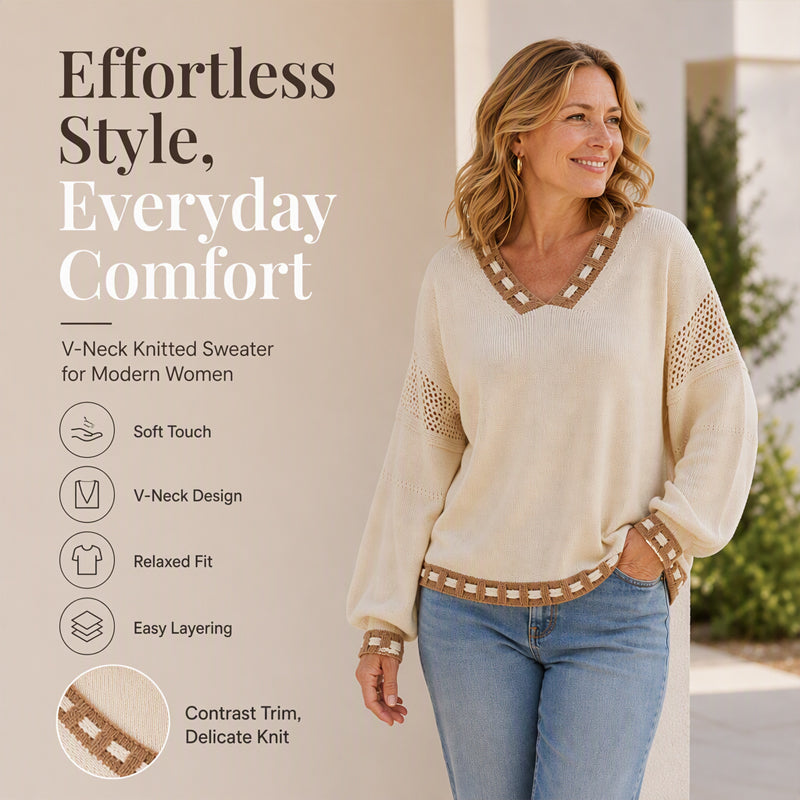 Women's Cozy V-Neck Sweater with Contrast Trim