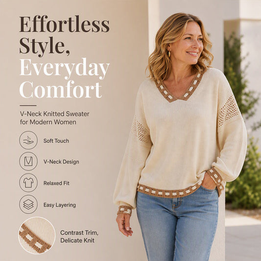 Women's Cozy V-Neck Sweater with Contrast Trim