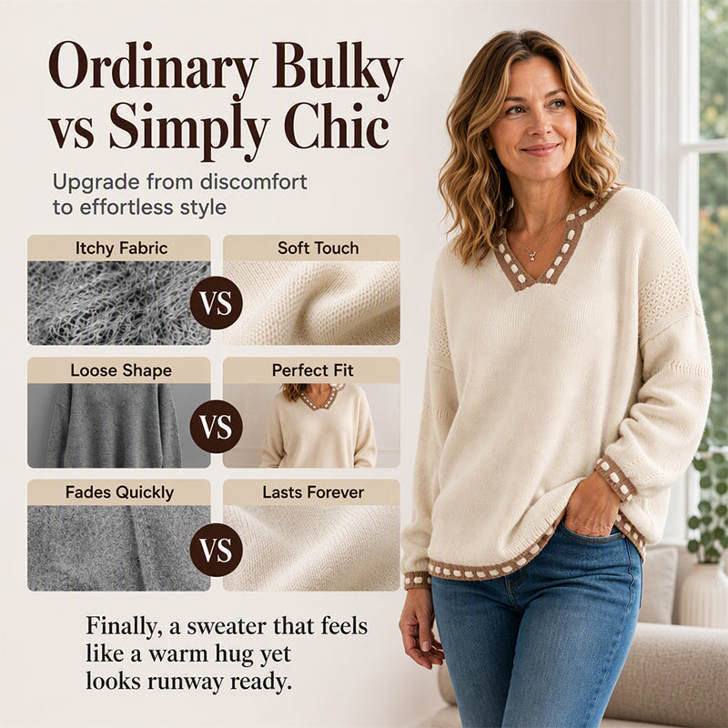 Women's Cozy V-Neck Sweater with Contrast Trim