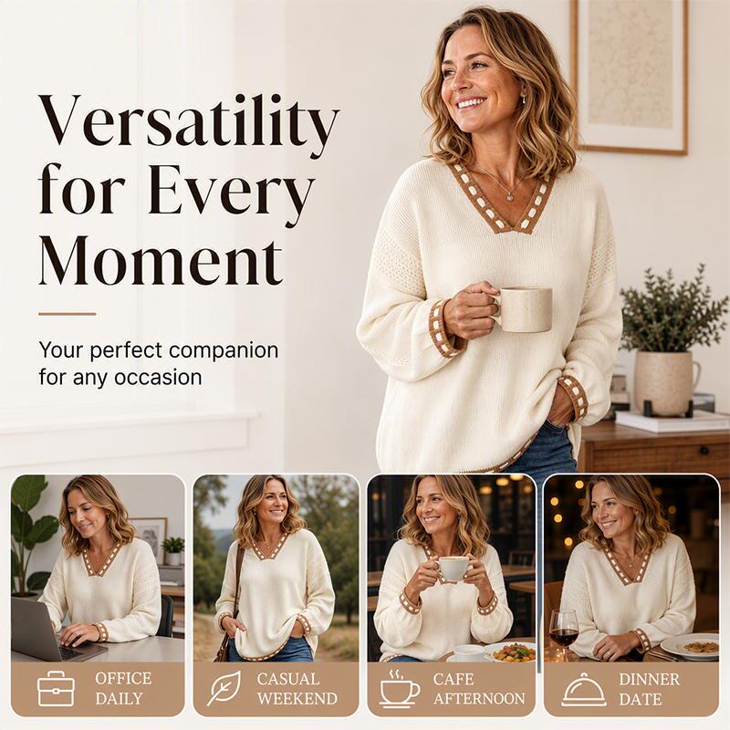 Women's Cozy V-Neck Sweater with Contrast Trim