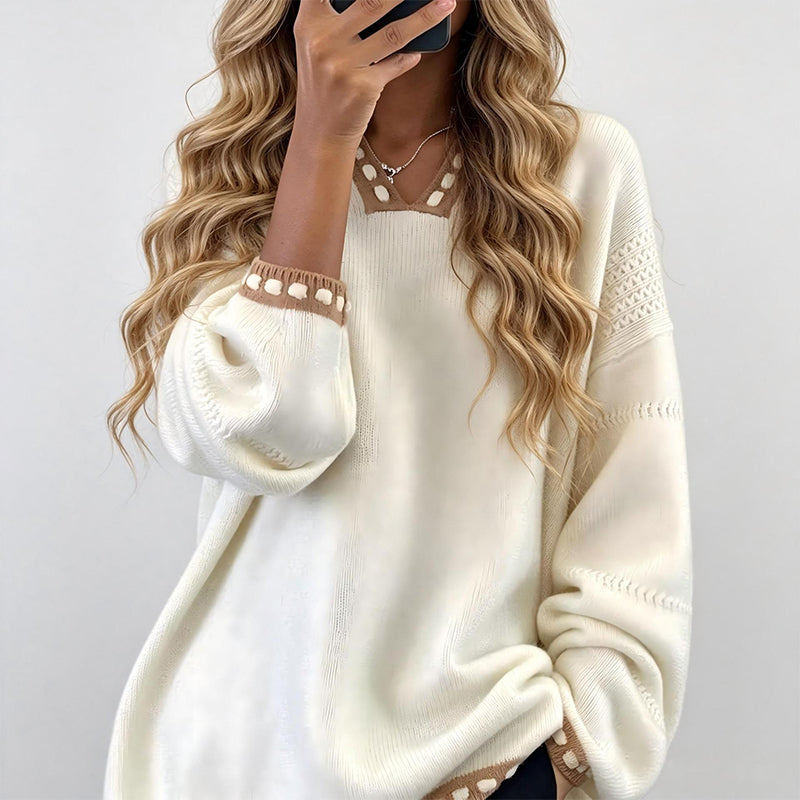Women's Cozy V-Neck Sweater with Contrast Trim