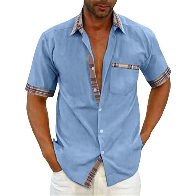 Chemise d'été décontractée à col en plaid et à boutons pour hommes-3